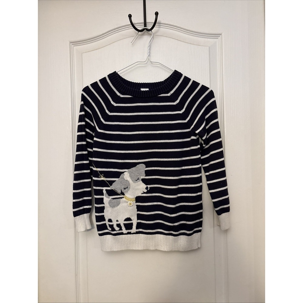 Gymboree M 7-8 "Flower Shower" Navy Striped Dog Puppy Daisy button sweater